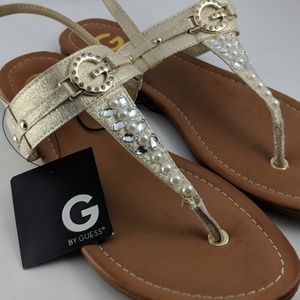 GUESS Gold Glitter Flat Strap Thong Sandals
